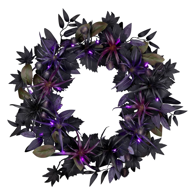 24" Scare in the Air Purple & Black Flower Halloween Pre-Lit LED Wreath