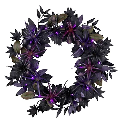 24" Scare in the Air Purple & Black Flower Halloween Pre-Lit LED Wreath