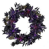 24" Scare in the Air Purple & Black Flower Halloween Pre-Lit LED Wreath