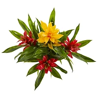17" Red & Yellow Bromeliad Artificial Plant in White Vase