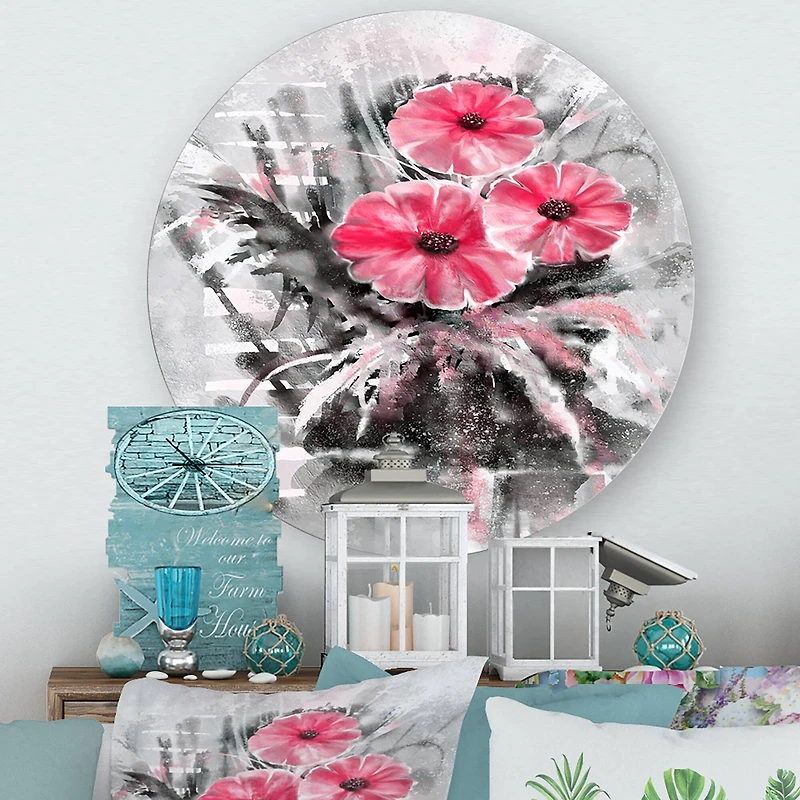 Designart - Abstract Red Flowers On Gray