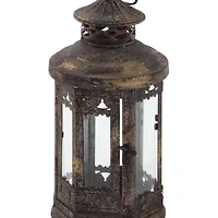 Brown Iron Rustic Candle Holder Lantern, 13" x 6" x 6"