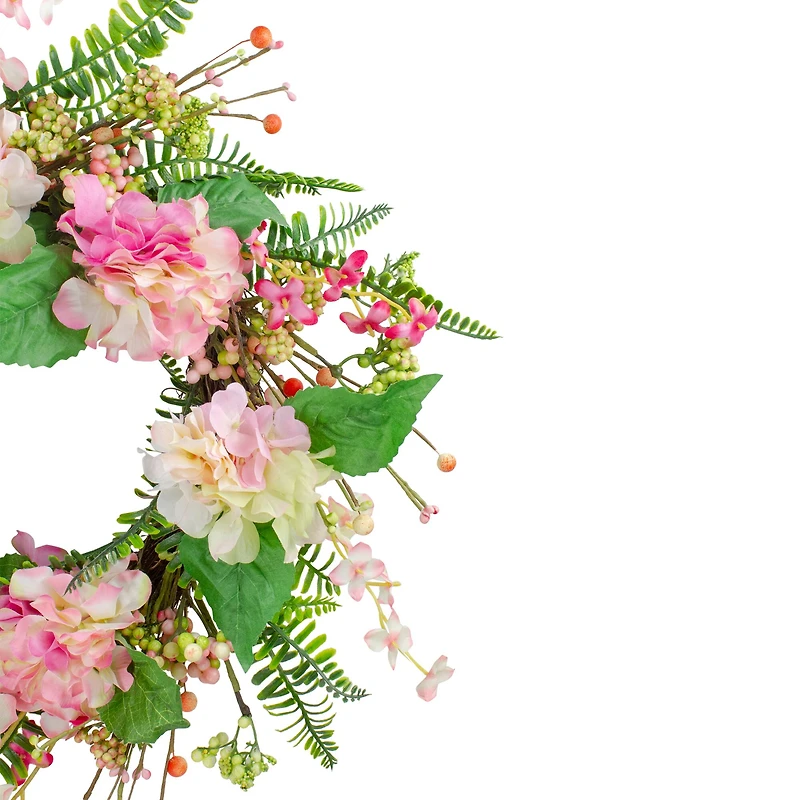 20" Pink Hydrangea Berry & Fern Artificial Spring Floral Wreath