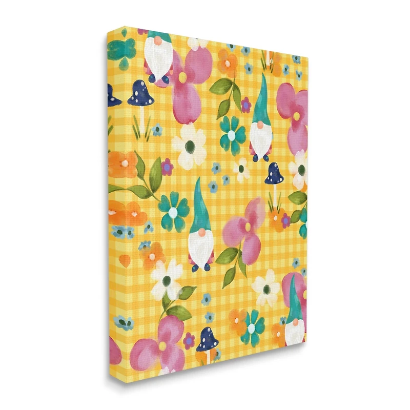 Stupell Industries Yellow Tartan Patterned Spring Gnomes Mushrooms Canvas Wall Art