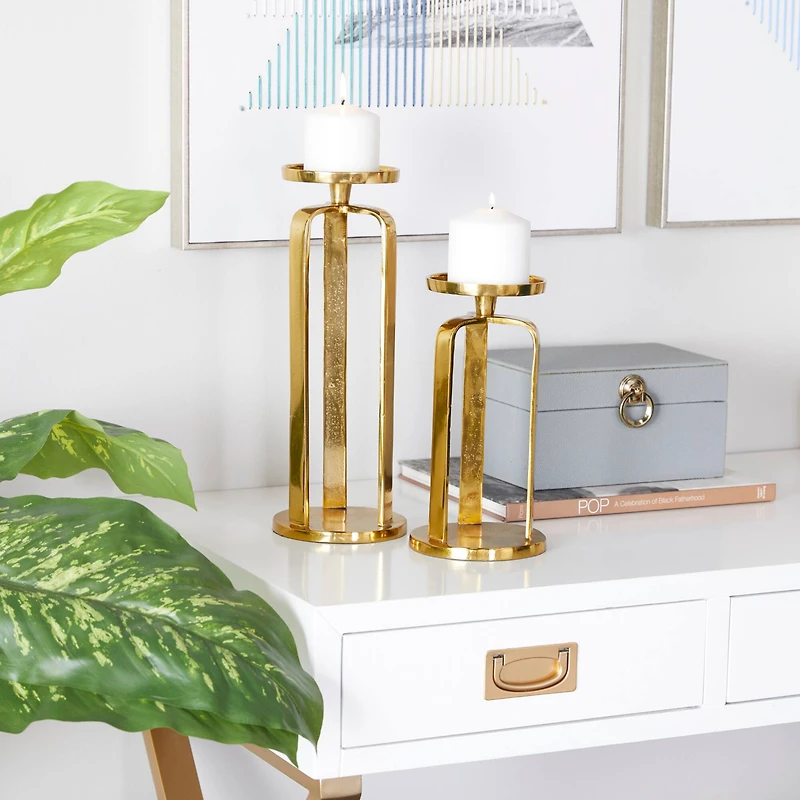 Set of 2 Gold Aluminum Modern Candle Holder, 14" x 5" x 5"