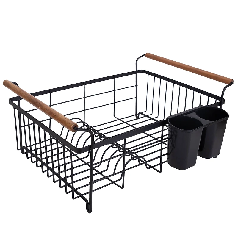 Kitchen Details Acacia Wood Black Drying Rack with Draining Tray