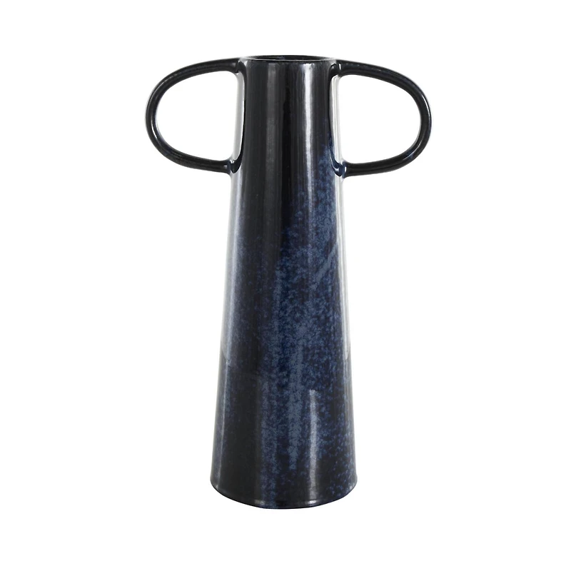 16" Dark Blue Ceramic Textured Cone Vase with Curved Handles