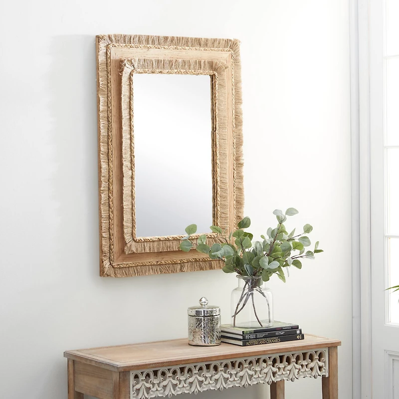 36" Brown Bohemian Style Wood Wall Mirror
