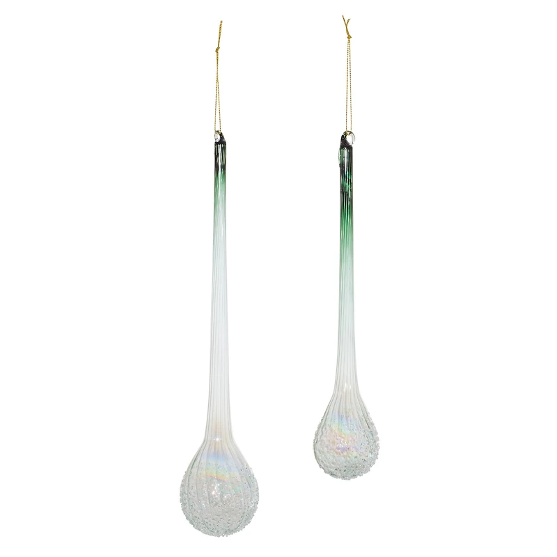 Green Iridescent Ribbed Glass Icicle Drop Ornaments Set