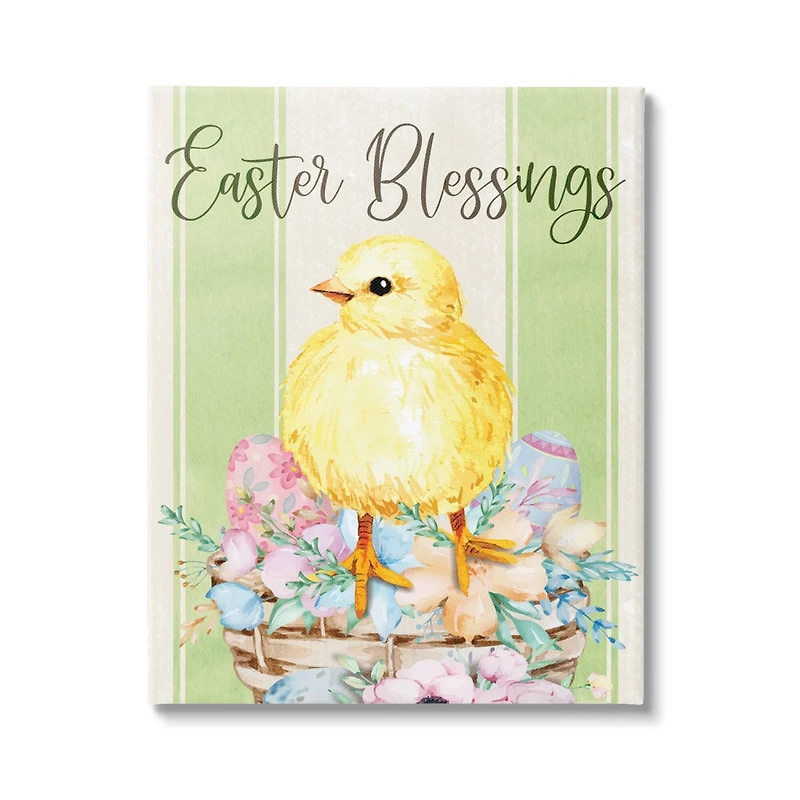 Stupell Industries Easter Blessings Text Striped Yellow Chick Egg Basket Canvas Wall Art