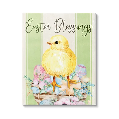 Stupell Industries Easter Blessings Text Striped Yellow Chick Egg Basket Canvas Wall Art