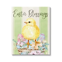 Stupell Industries Easter Blessings Text Striped Yellow Chick Egg Basket Canvas Wall Art