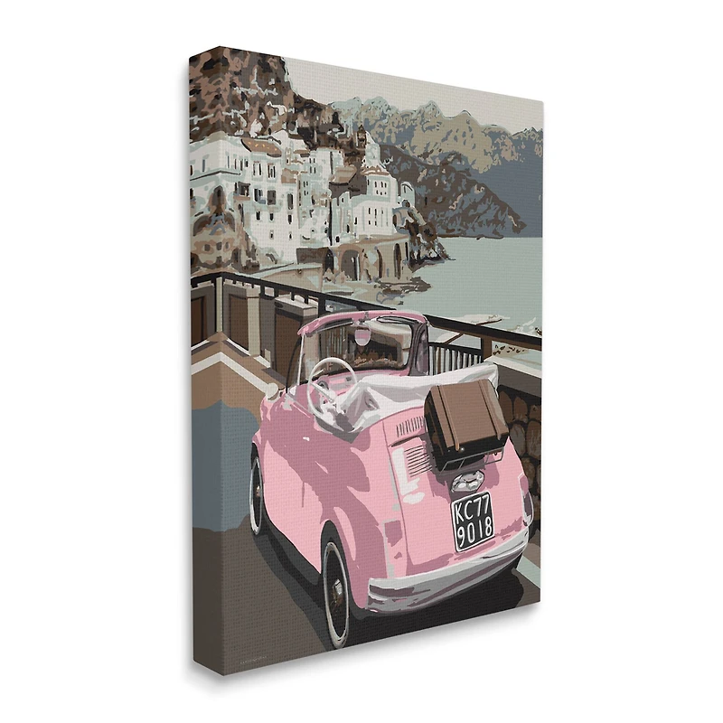 Stupell Industries Pink Car Cliffside Town on Waterfront Road Canvas Wall Art