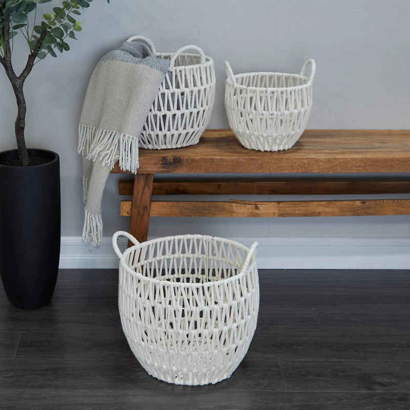 White Cotton Handmade Storage Basket with Handles Set of 3 14", 12", 10"