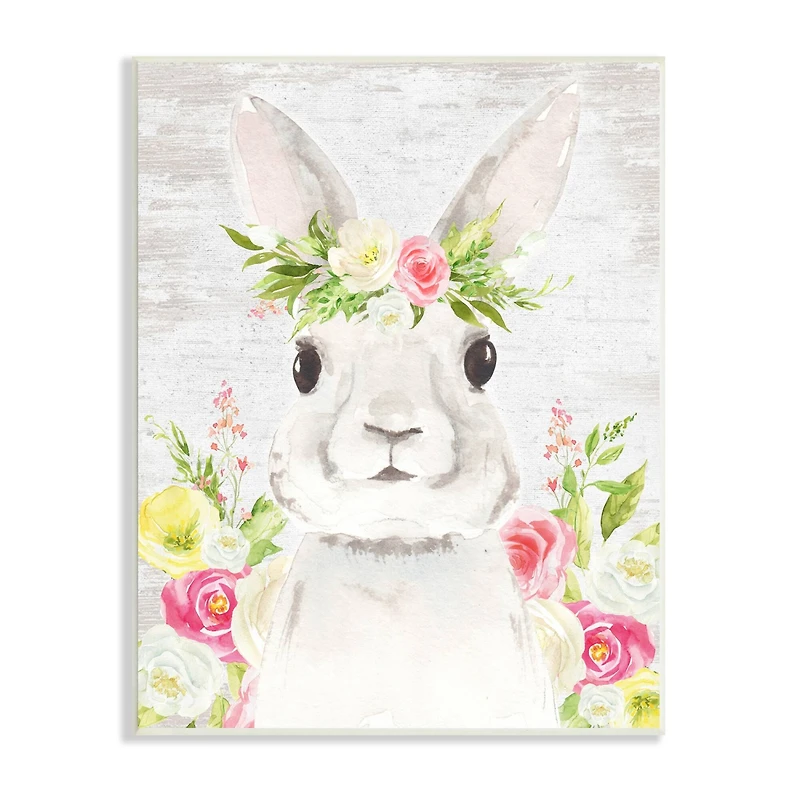 Stupell Industries Rustic Easter Bunny Flower Crown Spring Bouquet Wall Plaque Art
