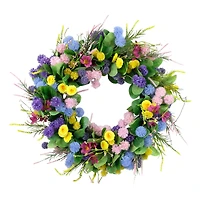 24" Pink, Blue & Yellow Spring Echinops & Chrysanthemum Floral Wreath