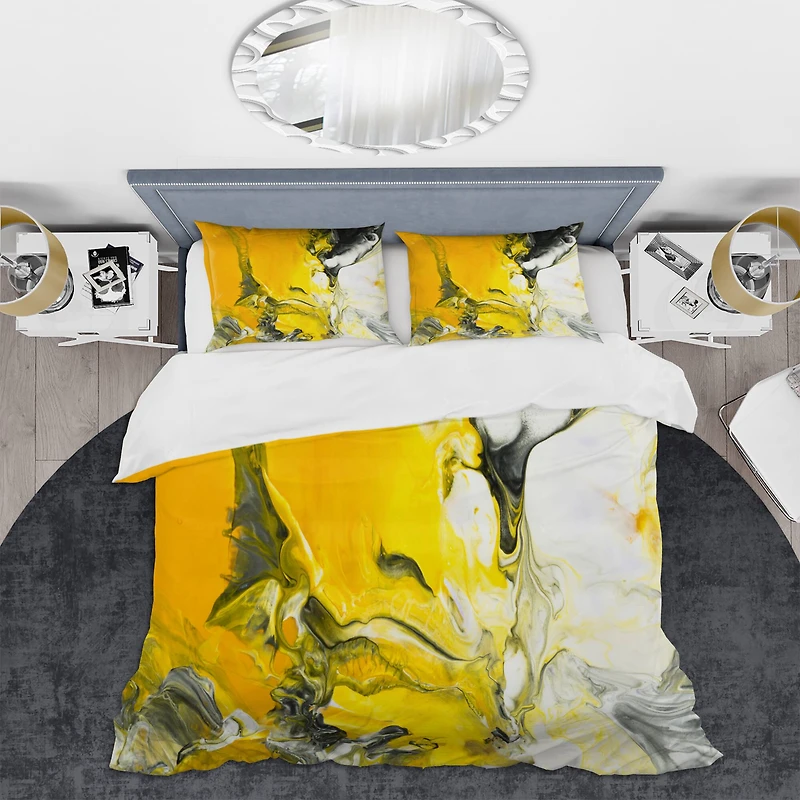 Designart 'White and Yellow Marbled Acrylic with a cloud of Black' Modern & Contemporary Bedding Set