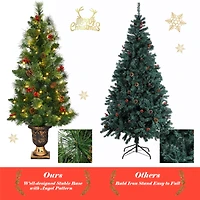 Costway 5ft Pre-Lit Entrance Fir Artificial Christmas Tree in Gold Urn Planter, Warm White LED Lights