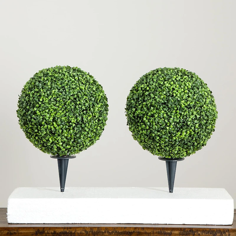 14" UV-Resistant Boxwood Ball Topiaries with Integrated Ground Stakes, 2ct.