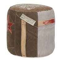 Brown Canvas and Leather Rustic Pouf, 19" x 17" x 17"