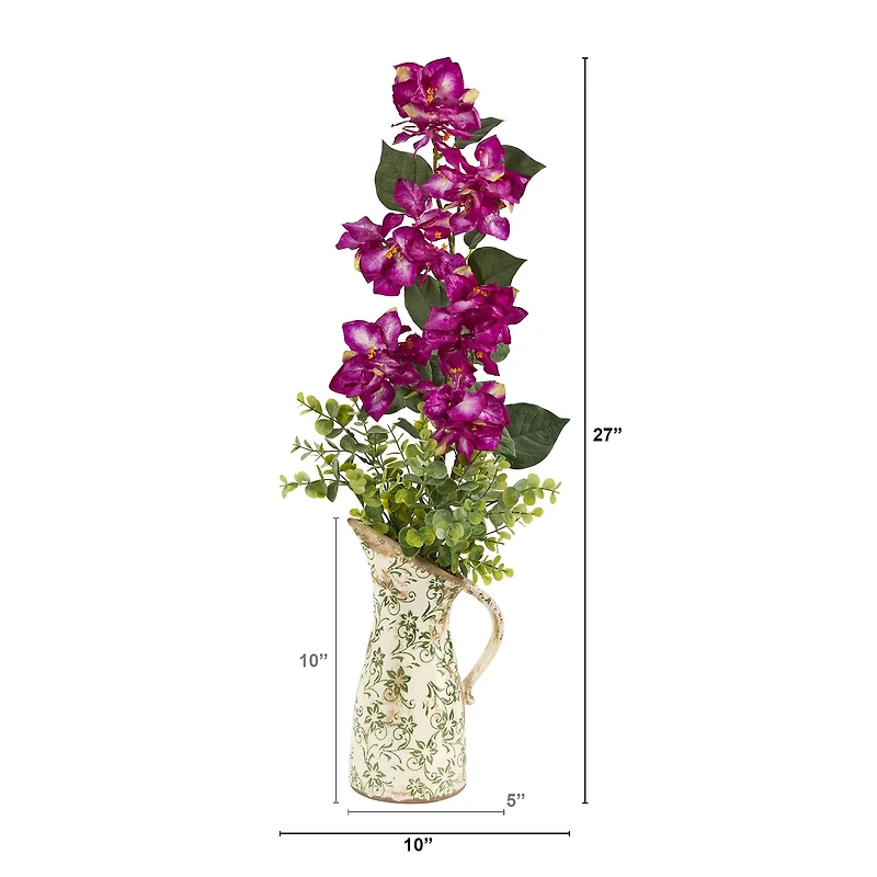 27" Bougainvillea and Eucalyptus Artificial Arrangement in Floral Pitcher