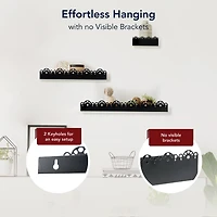 American Art Decor Scallop Metal Floating Shelves, 3pc Picture Ledge Set, Black - 3" x 5" x 24"