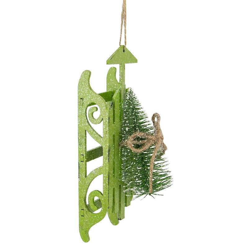 Green Wood Sled & Pine Tree Christmas Ornament