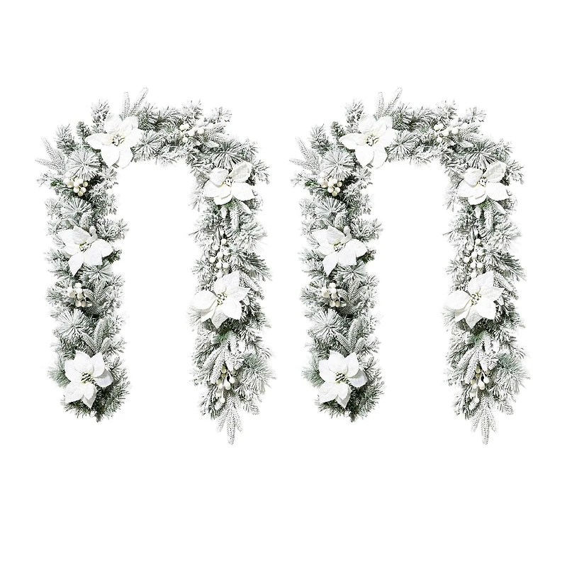Glitzhome® 6ft. Pre-Lit Flocked Pine & White Poinsettia Christmas Garlands with Timers, 2ct.