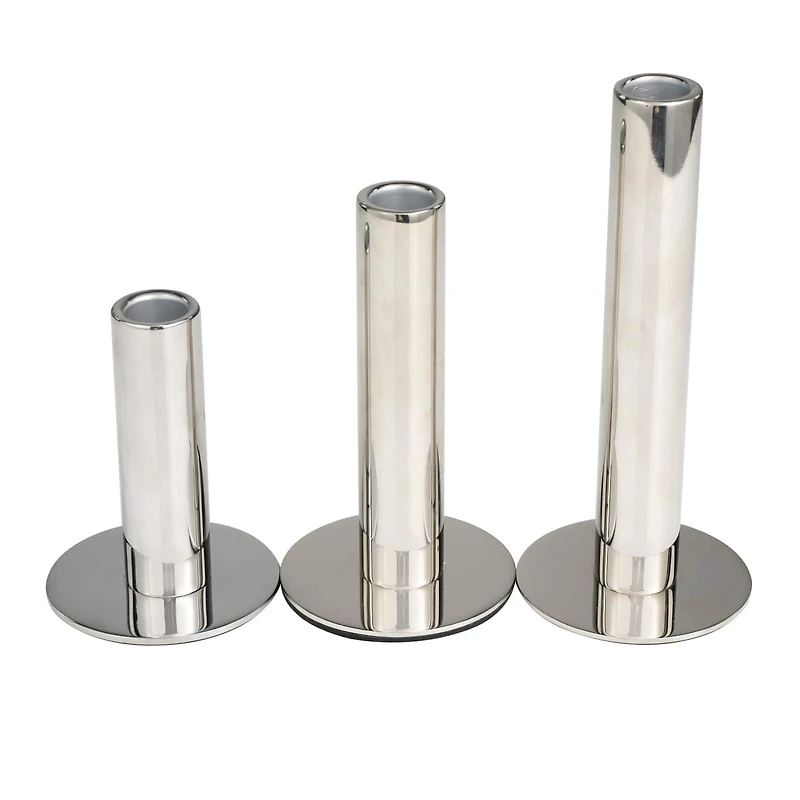 Silver Stainless Steel Slim Minimalistic Candle Holder with Rounded Base Set