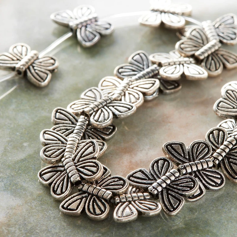 12 Pack:  Silver Plated Metal Butterfly Beads, 15mm by Bead Landing™