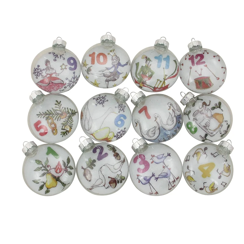 12ct. 3" Clear Twelve Days of Christmas Glass Disc Ornaments