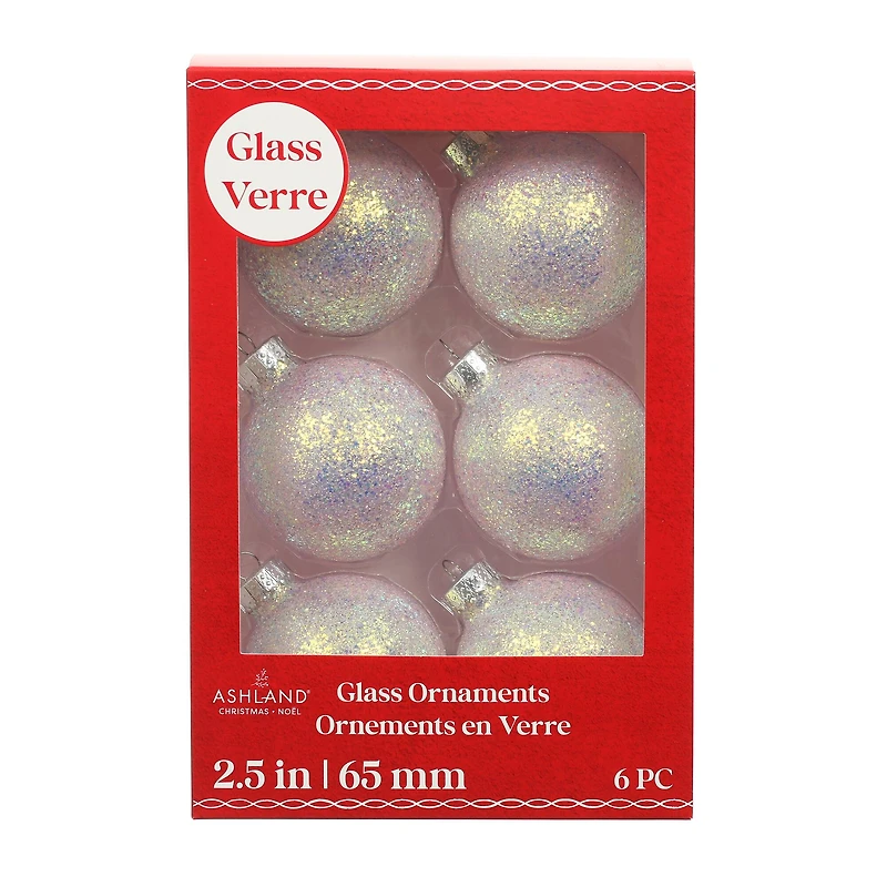 6 Pack 2.5" Pink Iridescent Glitter Glass Ball Ornaments by Ashland®