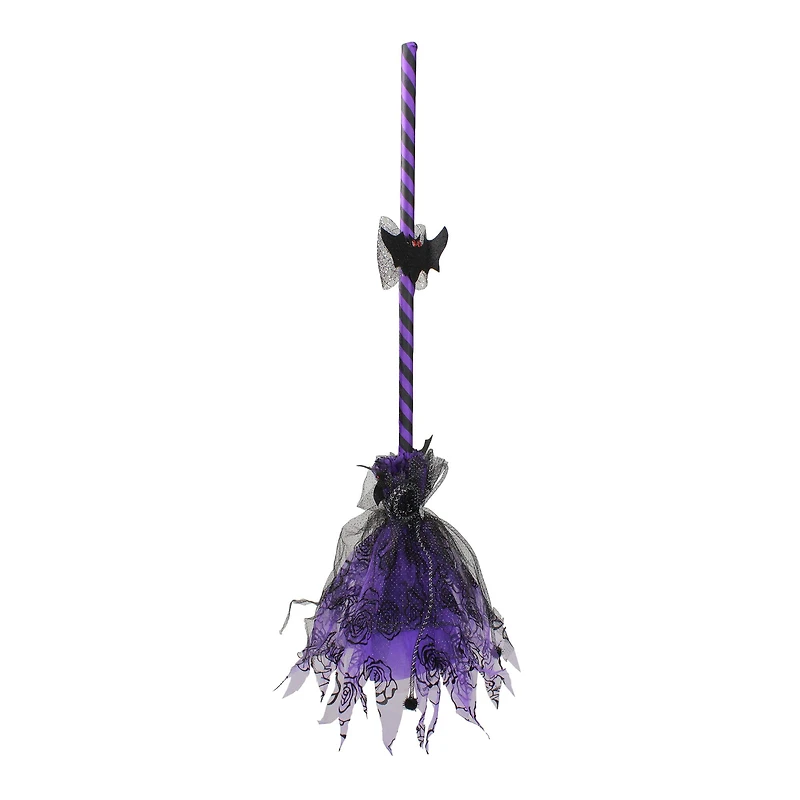 29" Purple & Black Striped Animated Witches Halloween Broom with Bat Accents