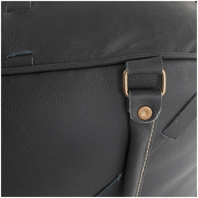 22" Leather Pouf with Woven Straps & Handles