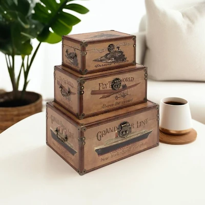 Set of 3" Brown Wood Vintage Trunk, 17", 15", 12"