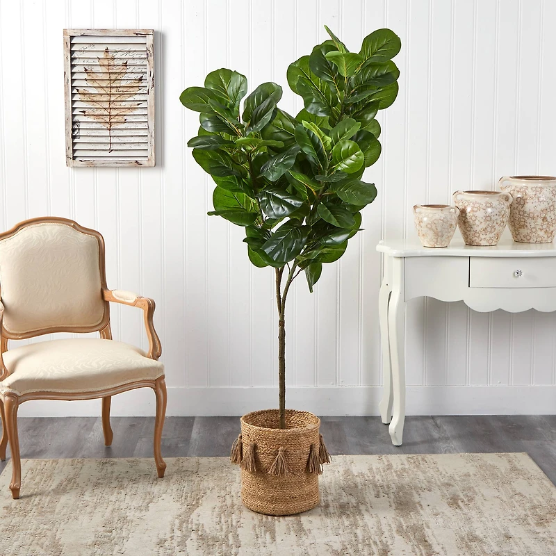 6ft. Fiddle Leaf Fig Artificial Tree in Handmade Natural Jute Planter with Tassels