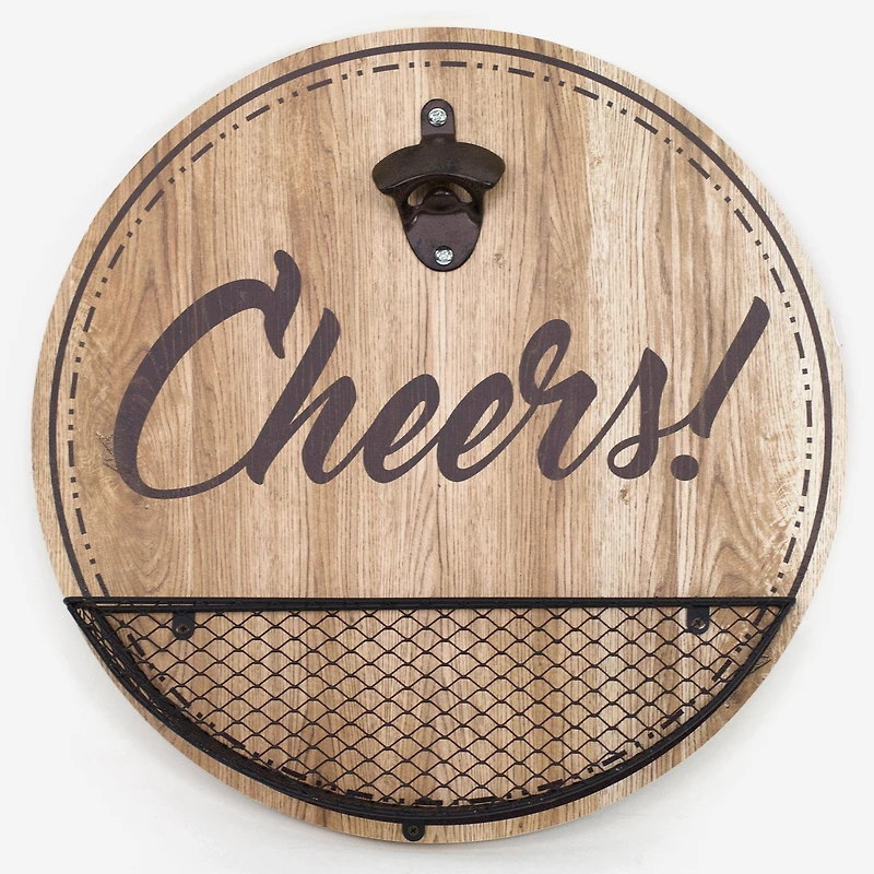 14" Rustic Wood Textured 'Cheers!' Bottle Opener & Cap Catcher