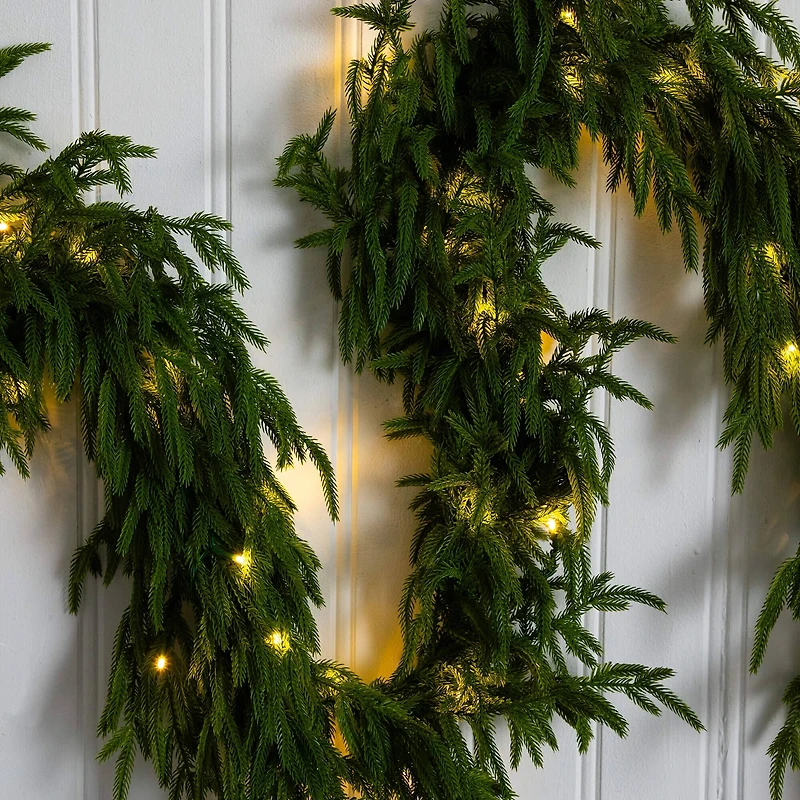 9ft. Pre-Lit Artificial Real Touch Norfolk Island Pine Garland with 50 Warm White LED Lights and Natural Look