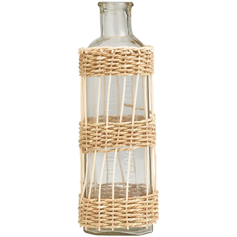 15" Clear Glass Handmade Vase with Light Brown Rattan Woven Body