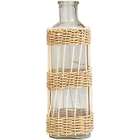 15" Clear Glass Handmade Vase with Light Brown Rattan Woven Body