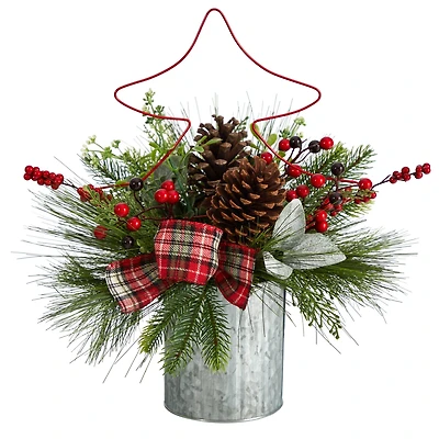 17" Pinecone & Berries Artificial Christmas Arrangement with Decorative Metal Vase & Wire Red Christmas Tree