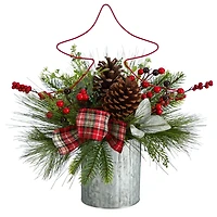 17" Pinecone & Berries Artificial Christmas Arrangement with Decorative Metal Vase & Wire Red Christmas Tree