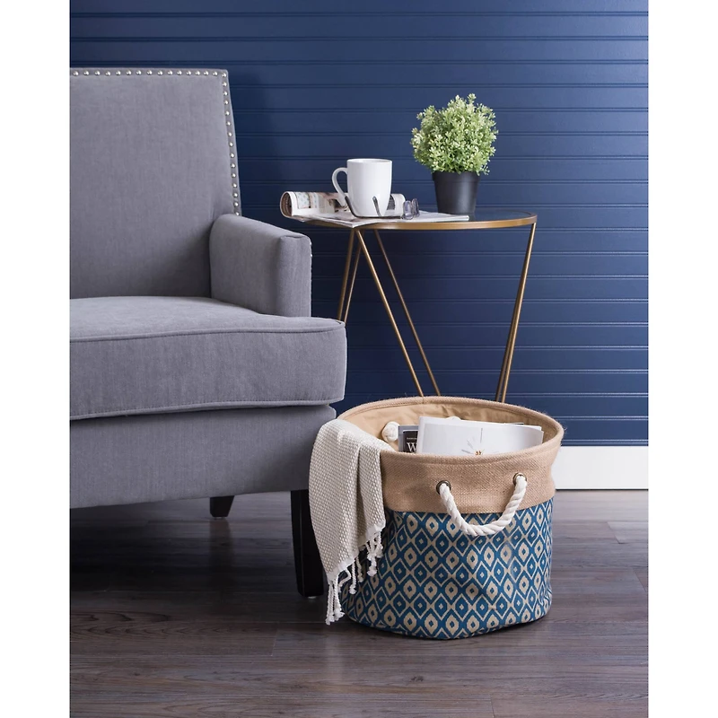 DII® 15" Blue Ikat Round Burlap Bin