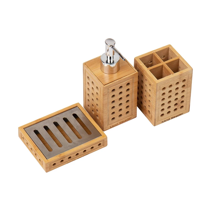 Mind Reader Lattice Bamboo Soap Dish, Liquid Dispenser & Toothbrush Holder Set