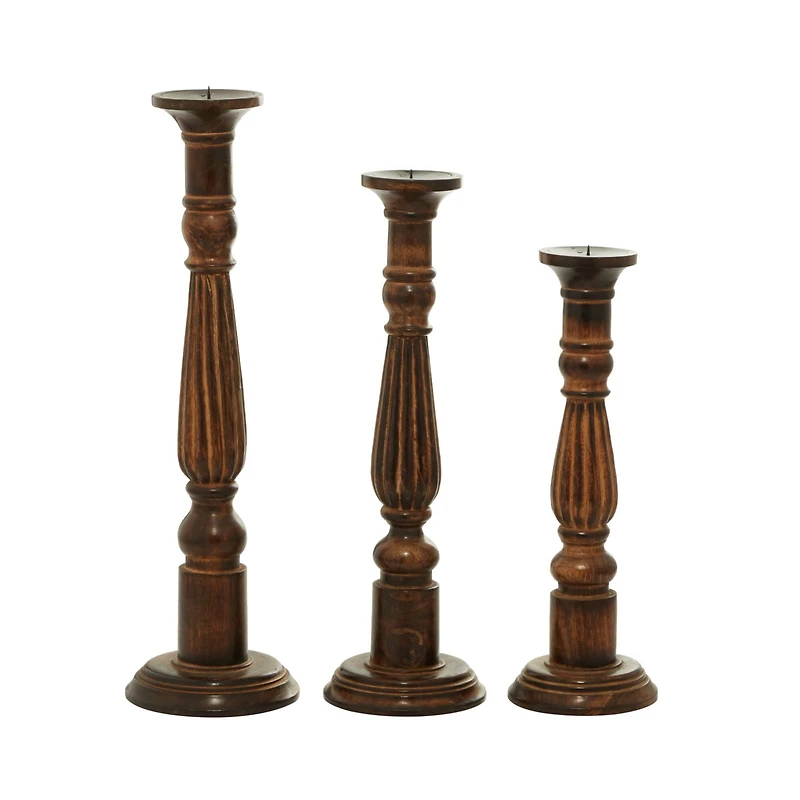 Brown Mango Wood Traditional Candle Holders Set, 18", 21" & 24"