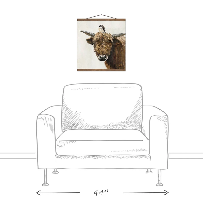 Highland Cow and Bird Teak Hanging Canvas