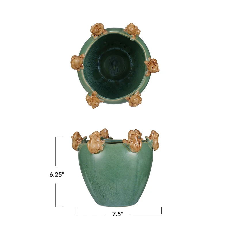 Hello Honey® 7.5" Green & Yellow Reactive Glaze Stoneware Planter with Frogs on Rim