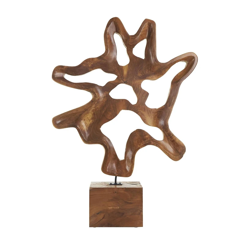 31" Brown Abstract Cutout Teak Wood Sculpture with Block Base