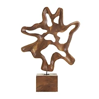 31" Brown Abstract Cutout Teak Wood Sculpture with Block Base