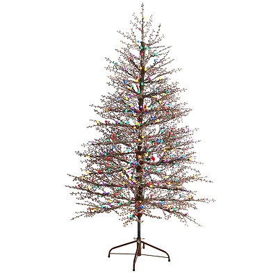 6ft. Pre-Lit Frosted Berry Twig Artificial Christmas Tree, Multicolor Gum Ball LED Lights